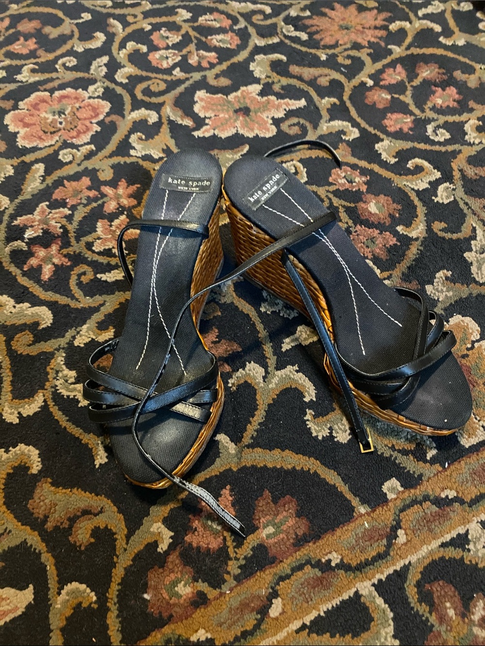 vintage kate spade Black Strappy Wedge Sandals with Tan Woven Heel